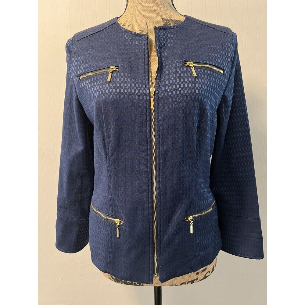 LAURA ASHLEY Women's Blue Printed Zip-Up Pocket Blazer Size Small